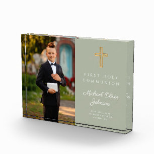 Modern Sage Green First Communion Boy Picture  Photo Block
