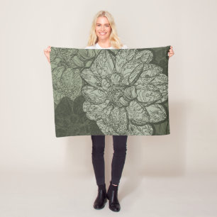 Modern Sage Green Floral Dahlia Pattern Fleece Blanket