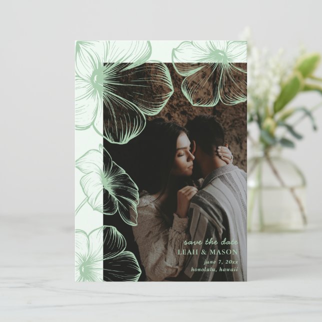 Modern Sage Green Floral Photo Elegant Wedding Save The Date (Standing Front)