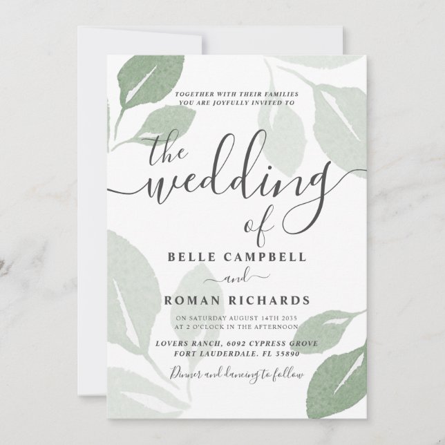 Modern Sage Green Foliage Wedding  Invitation (Front)