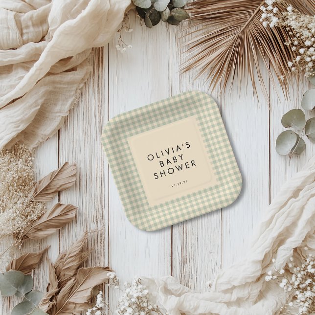 Modern Sage Green Gingham Baby Shower Collection Paper Plate (Gingham Baby Shower Paper Plate)