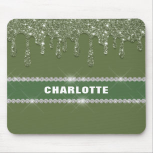 Modern Sage Green Glitter Drip Sparkling Diamond Mouse Pad