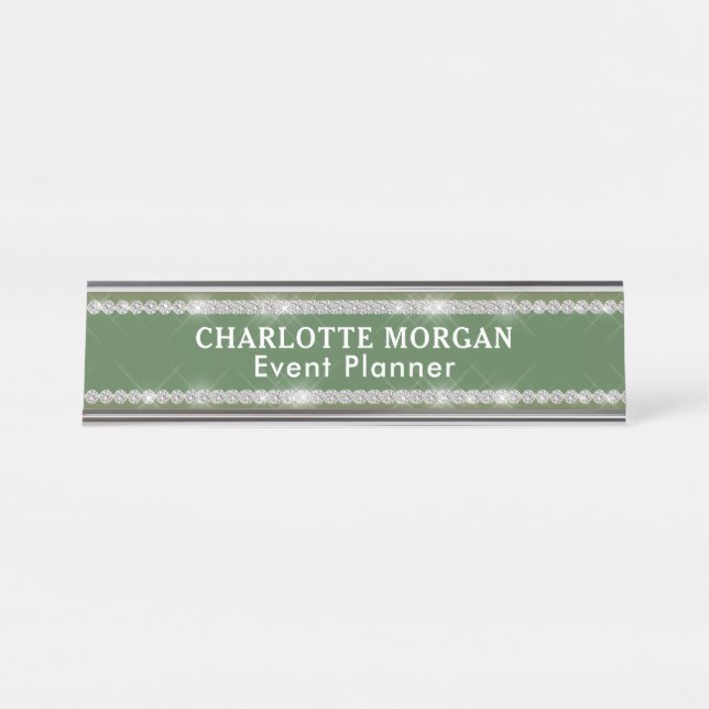 Modern Sage Green Glitter Sparkling Diamond Desk Name Plate (Front)