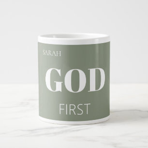 Modern Sage Green God First Faith Saying Slogan Large Coffee Mug