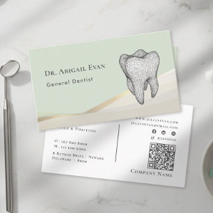 Modern Sage Green & Gold 3D Tooth Icon Dentist Business Card