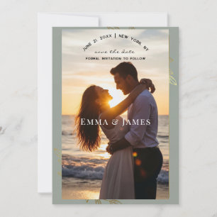 Modern Sage Green Gold Botanical Save the Date