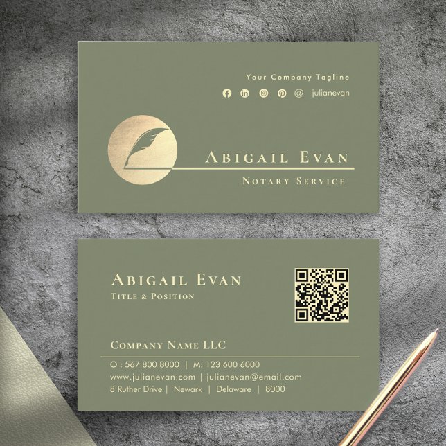 Modern Sage Green Gold Feather Logo Notary Service Business Card (Modern Sage Green Gold Feather Logo Notary Service Business Card)