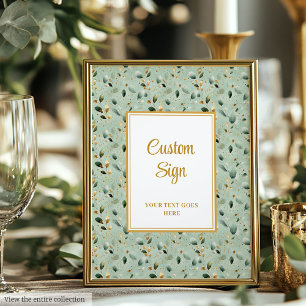 Modern Sage Green Gold Foliage Wedding Custom Sign