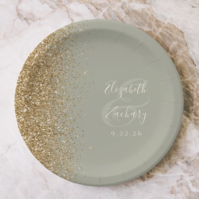 Modern Sage Green Gold Glitter Edge Wedding Paper Plate (Creator Uploaded)
