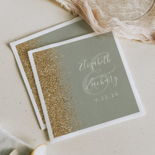 Modern Sage Green Gold Glitter Wedding Napkin