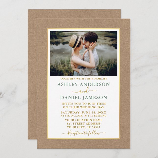 Modern Sage Green Gold Kraft Wedding Invitation (Front/Back)