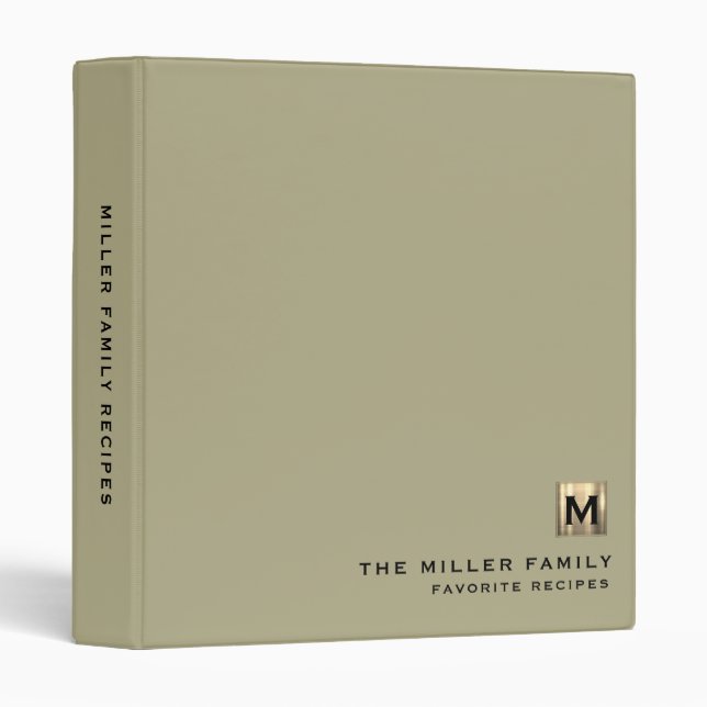 Modern Sage Green Gold Monogram Family Recipe Binder (Front/Spine)