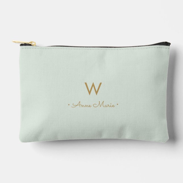 Modern Sage Green Gold Script Monogram Accessory Pouch (Front)