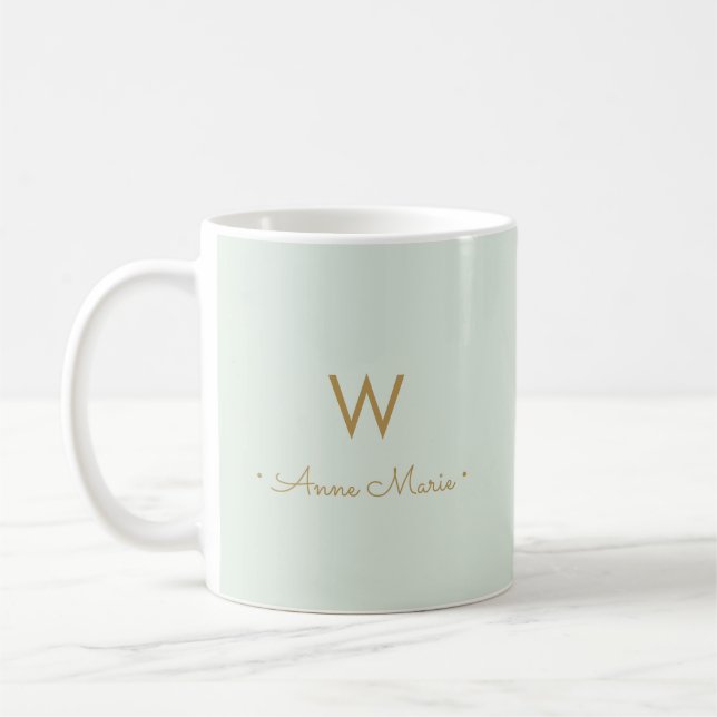 Modern Sage Green Gold Script Monogram Coffee Mug (Left)