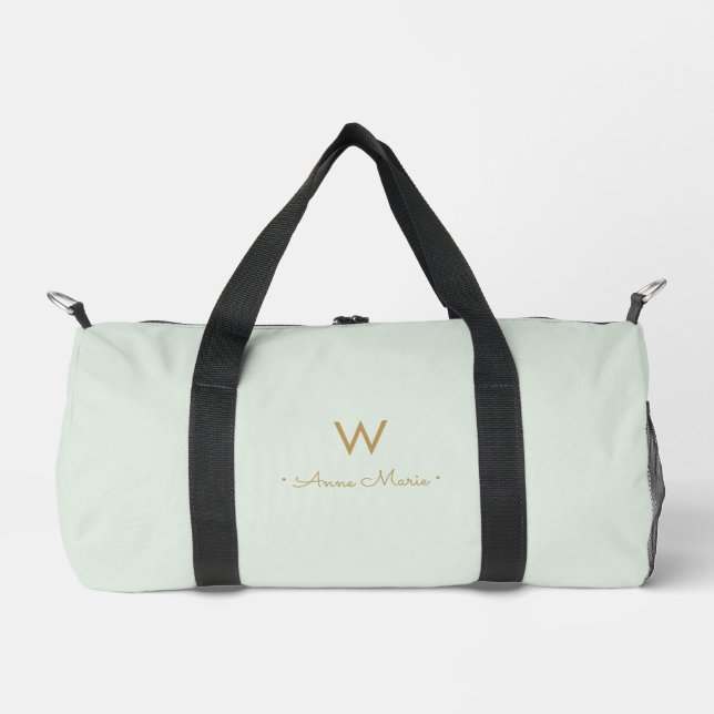 Modern Sage Green Gold Script Monogram Duffle Bag (Front)