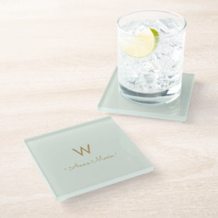 Modern Sage Green Gold Script Monogram Glass Coaster