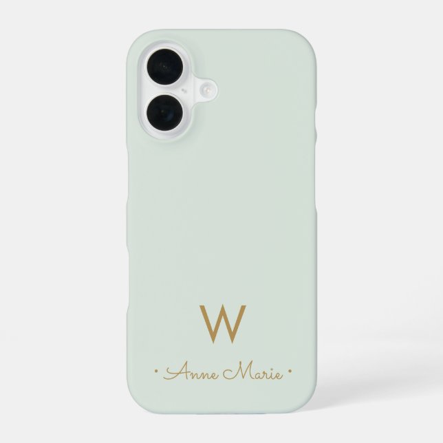 Modern Sage Green Gold Script Monogram iPhone 16 Case (Back)