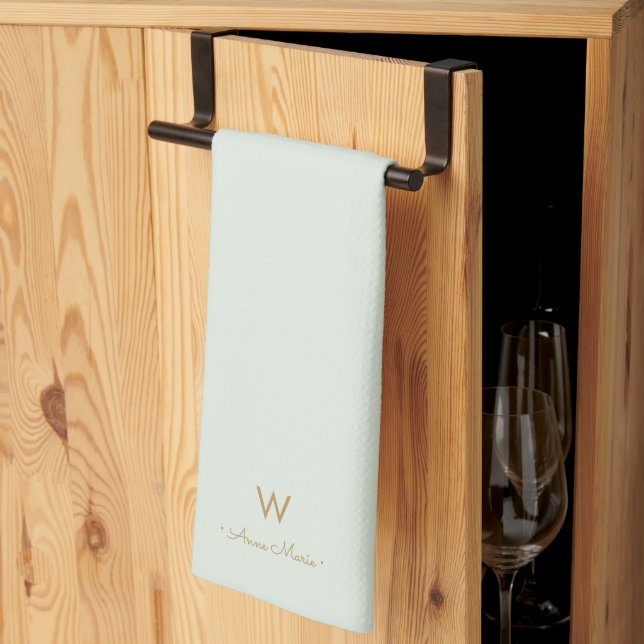 Modern Sage Green Gold Script Monogram Kitchen Towel (Thirds Fold)