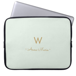 Modern Sage Green Gold Script Monogram Laptop Sleeve