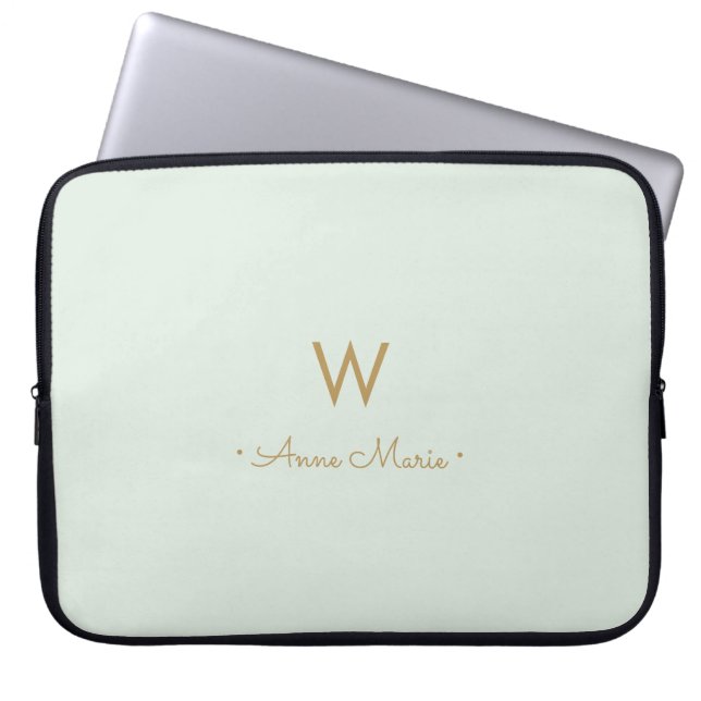 Modern Sage Green Gold Script Monogram Laptop Sleeve (Front)