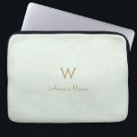 Modern Sage Green Gold Script Monogram Laptop Sleeve<br><div class="desc">A modern,  elegant monogram design with gold handwritten minimalist script typography and sans serif block typography on an elegant pale pastel Sage Green background. The monogram and name can be easily personalized.</div>