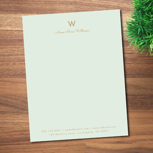 Modern Sage Green Gold Script Monogram Letterhead (Creator Uploaded)