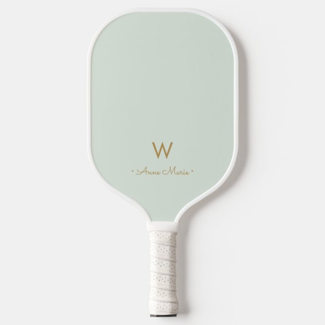 Modern Sage Green Gold Script Monogram Pickleball Paddle (Front)