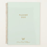 Modern Sage Green Gold Script Monogram Planner<br><div class="desc">Modern Sage Green Gold Script Monogram Planner. A modern,  elegant monogram design with gold handwritten minimalist script typography and sans serif block typography on an elegant pale pastel Sage Green background. The monogram and name can be easily personalized.</div>