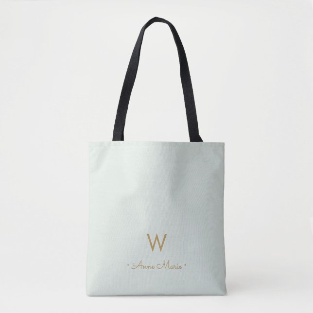 Modern Sage Green Gold Script Monogram Tote Bag (Front)