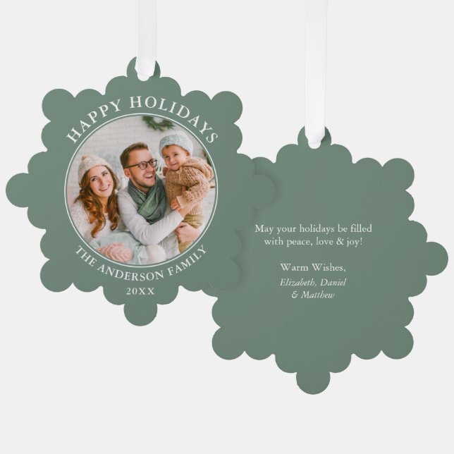 Modern Sage Green Happy Holidays Photo Ornament Card (Front/Back)