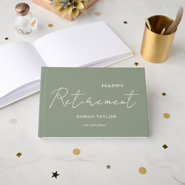 Modern Sage Green Happy Retirement Personalized  Guest Book (Front Open)