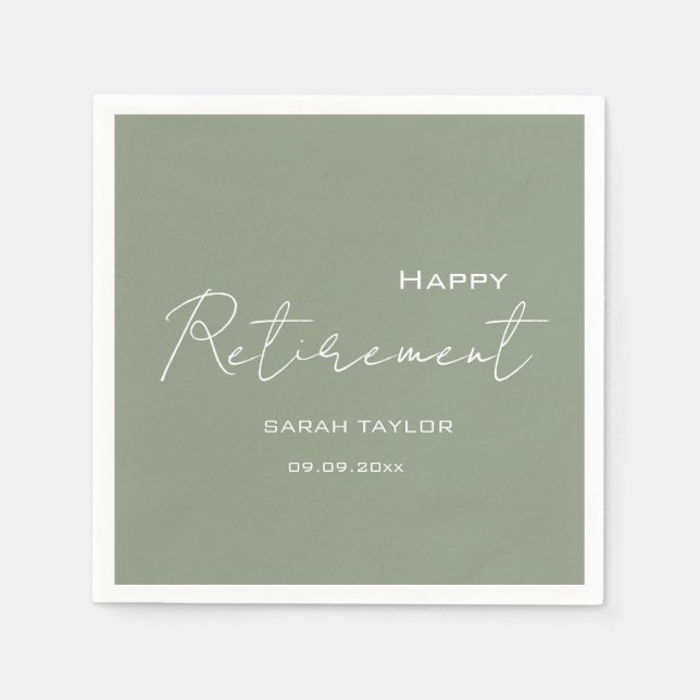 Modern Sage Green Happy Retirement Personalized  Napkin (Front)