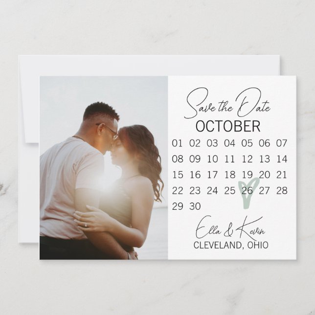 Modern Sage Green Heart Photo Save The Date Card (Front)