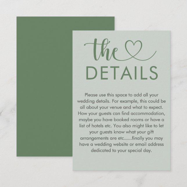 Modern Sage Green Heart Wedding Details Enclosure Card (Front/Back)