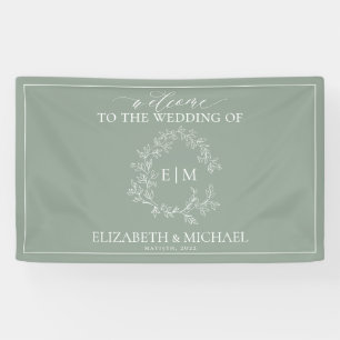 Modern Sage Green Leafy Crest Monogram Wedding Ban Banner