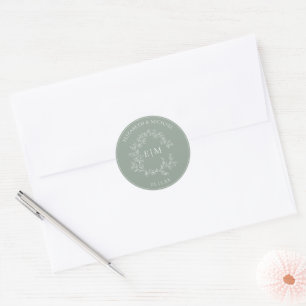 Modern Sage Green Leafy Crest Monogram Wedding Cla Classic Round Sticker