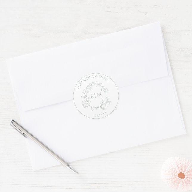 Modern Sage Green Leafy Crest Monogram Wedding Classic Round Sticker (Envelope)
