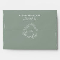 Modern Sage Green Leafy Crest Monogram Wedding