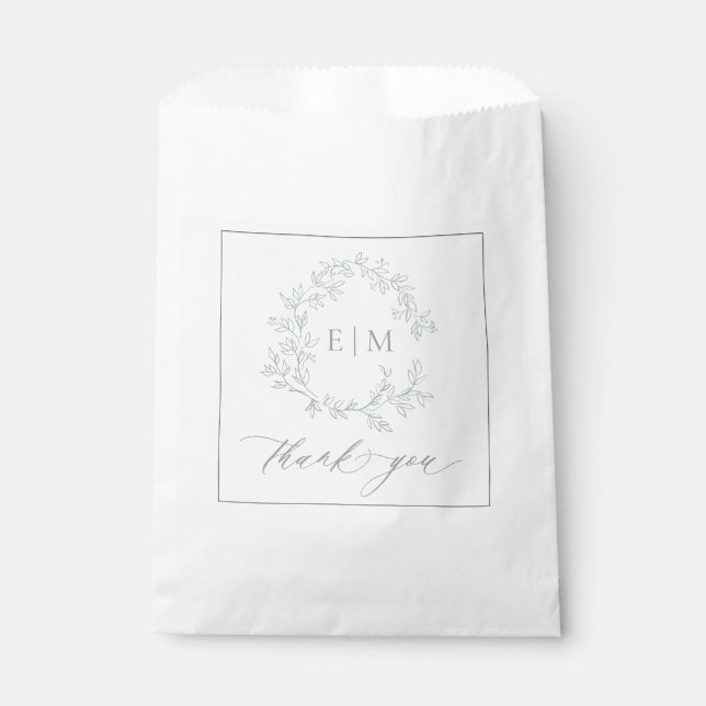 Modern Sage Green Leafy Crest Monogram Wedding Favour Bag (Front)
