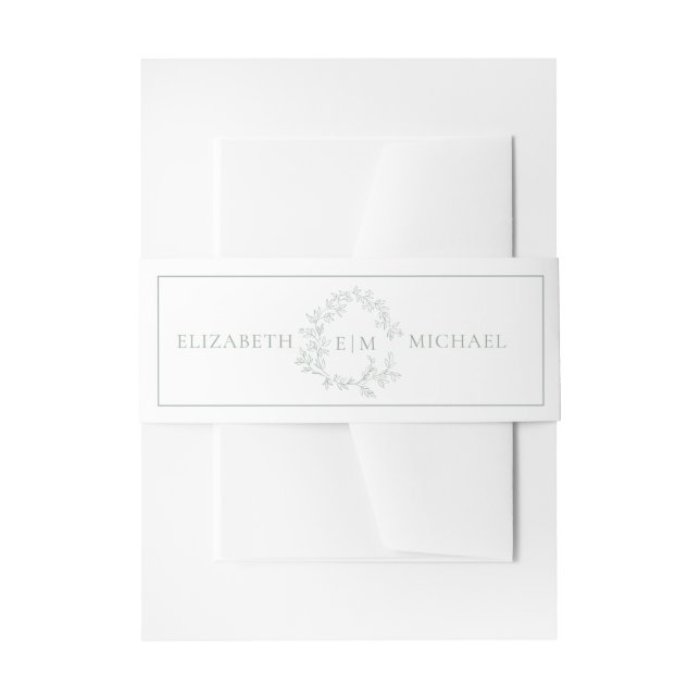 Modern Sage Green Leafy Crest Monogram Wedding Invitation Belly Band (Front Example)