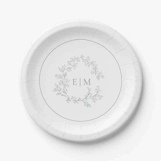 Modern Sage Green Leafy Crest Monogram Wedding Paper Plate (Front)