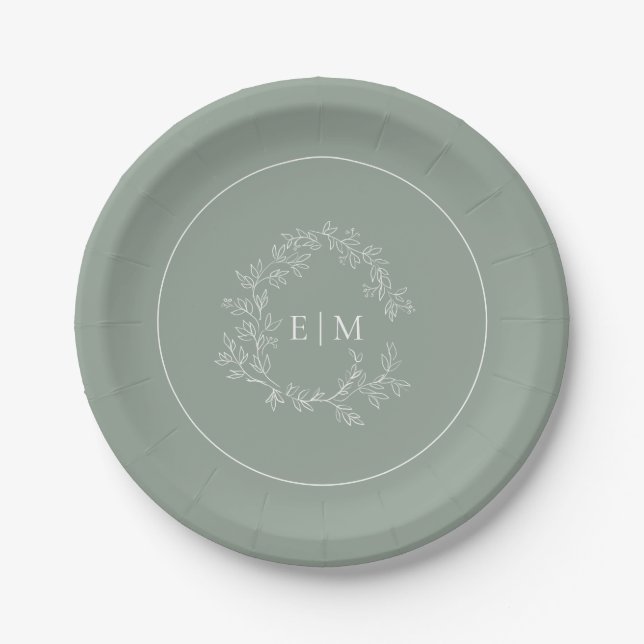 Modern Sage Green Leafy Crest Monogram Wedding Paper Plate (Front)