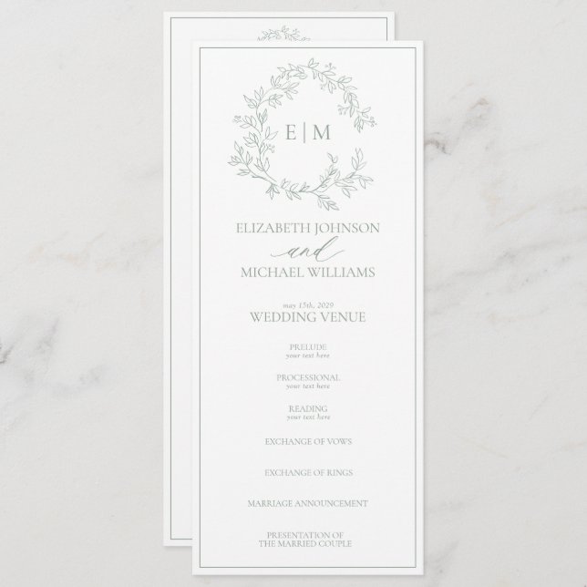 Modern Sage Green Leafy Crest Monogram Wedding Program (Front/Back)