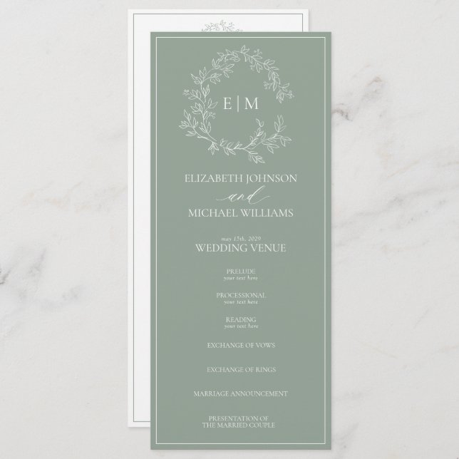 Modern Sage Green Leafy Crest Monogram Wedding Program (Front/Back)