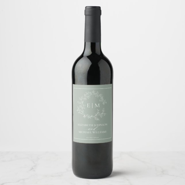 Modern Sage Green Leafy Crest Monogram Wedding Win Wine Label (Front)