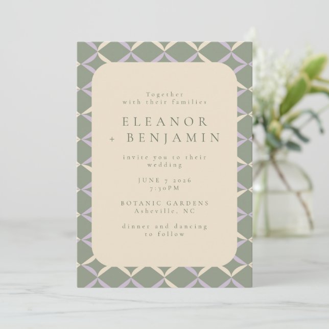 Modern Sage Green Lilac Rustic Geometric Wedding Invitation (Standing Front)