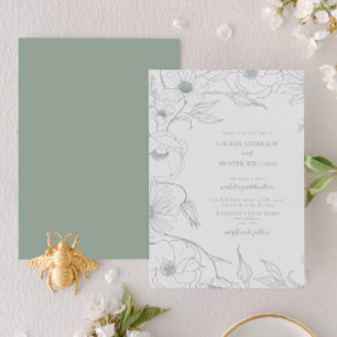 Modern Sage Green Line Art Floral Wedding Invitation