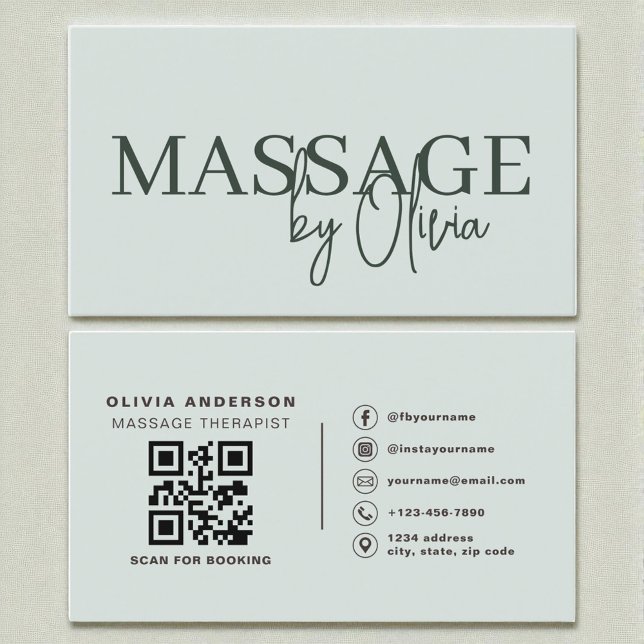 Modern Sage Green Massage Therapist QR Code Business Card (Creator Uploaded)
