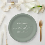 Modern sage green minimal contemporary wedding paper plate<br><div class="desc">Modern classy typography bold wedding favour decor paper plate. With modern,  elegant simple minimal typography. Sage green colour can be customized.</div>