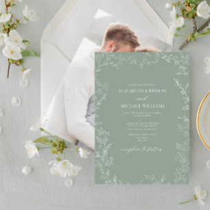 Modern Sage Green Minimal Leaf Photo Wedding Invitation